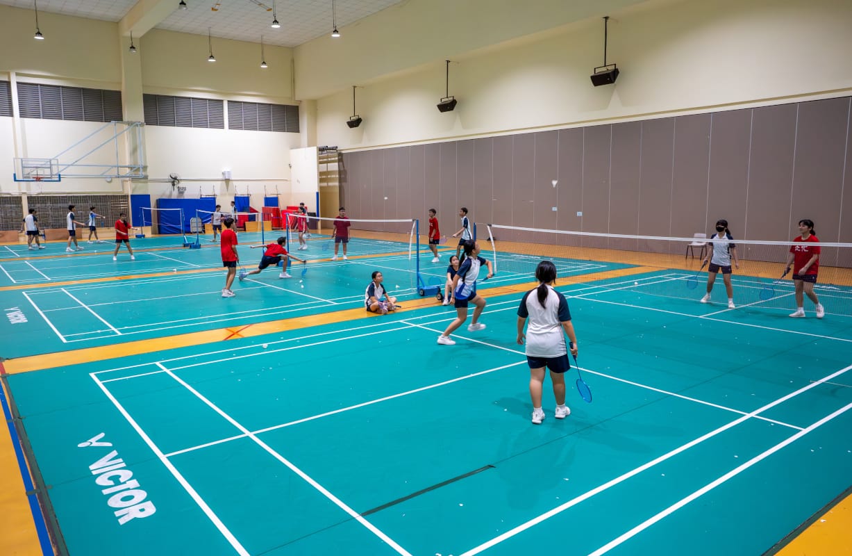 Our indoor sports hall is fully furnished with badminton court mats